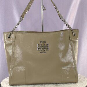 Tory Burch Patent Leather Chain Strap Tote Taupe Beige NWOT